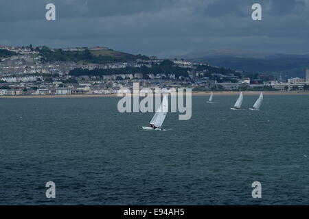 Barca a vela Catamarani dart 18 europei 2014 Mumbles Swansea foto da Phil holden Swansea City come visto dal mare Foto Stock