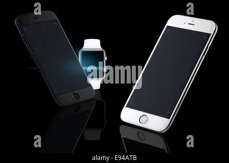 Iphone 6 spazio grigio, iphone 6 argento e apple guardare lo sport fascia bianca, generati digitalmente da opere d'arte. Foto Stock