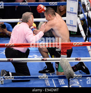 Noi. Xviii oct, 2014. CARSON CA. Reff Jack(L) chiama la lotta nella metà del secondo round per Marco Antonio Rubio sabato presso il Centro StubHub. Gennady Golovkin ha preso la vittoria per KO nel mezzo del 2d tondo come la lotta è stata fermata dopo il 10 conteggio da ref Jack Reiss. Credit: Gene Blevins/ZUMA filo/Alamy Live News Foto Stock