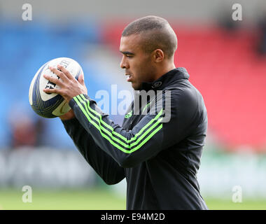 Salford, Regno Unito. Xviii oct, 2014. Simon Zebo di Munster - Rugby europeo Champions Cup - Vendita squali vs Munster - AJ Bell Stadium - Salford- Inghilterra - 18 Ottobre 2014 - Picture Simon Bellis/Sportimage. © csm/Alamy Live News Foto Stock