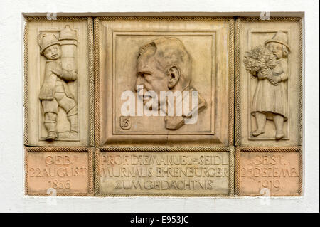 Rilievo commemorativo per il prof. Emanuel von Seidl sul municipio, Untermarkt, Murnau am Staffelsee, Alta Baviera, Baviera Foto Stock