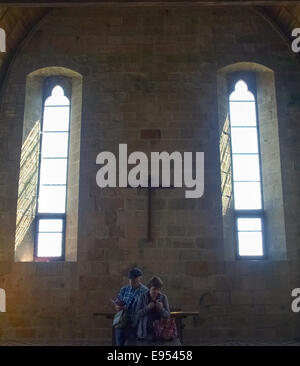 Mont st. Michel, Francia - 13 Giugno 2014: Abbazia di Mont st. Michel, immagini con vari interni delle strutture architettoniche. Due nazioni unite Foto Stock