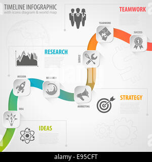 Business Infografico timeline con i pulsanti della carta, le icone e i passi. Modello. Foto Stock