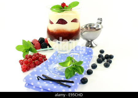 Un dessert in un vetro stratificato con il budino, rosso composte di frutta e bacche Foto Stock