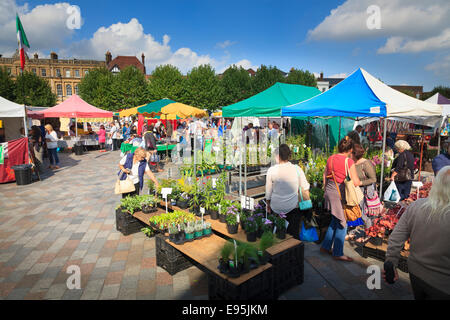 Impianto bancarelle in un affollato mercato di Salisbury in piazza del mercato in una giornata di sole Foto Stock