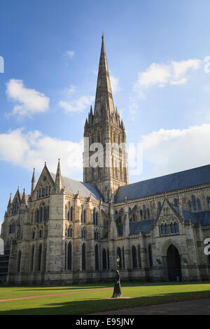 A nord la facciata della Cattedrale di Salisbury e la guglia Foto Stock