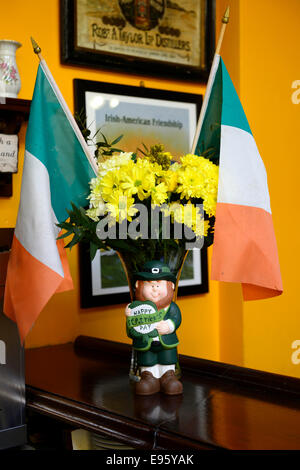 Leprechaun Irlanda Irish bandiere tricolore il giorno di San Patrizio celebrazione pub public house shamrock display Foto Stock