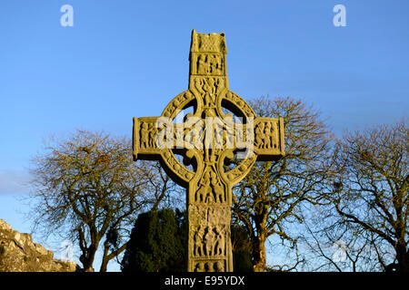 Luce della Sera sulla croce di Muiredach un famoso del decimo secolo testa ruota cross a Monasterboice contea di Louth in Irlanda Foto Stock