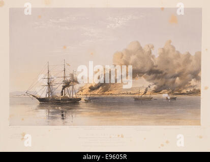 Questa immagine storica mostra la HMS Vesuvius, una nave da guerra della Royal Navy, probabilmente durante la guerra di Crimea. La nave viene catturata sul Mar Nero, probabilmente durante le battaglie navali o le campagne della guerra, evidenziando le forze navali, le battaglie e le strategie di guerra del XIX secolo. Foto Stock