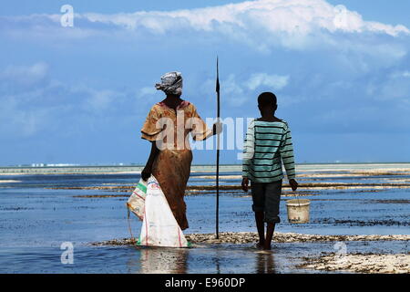 Madre non identificato che porta una lancia e il suo giovane figlio off per raccogliere cibo marine nella laguna di Zanzibar Foto Stock