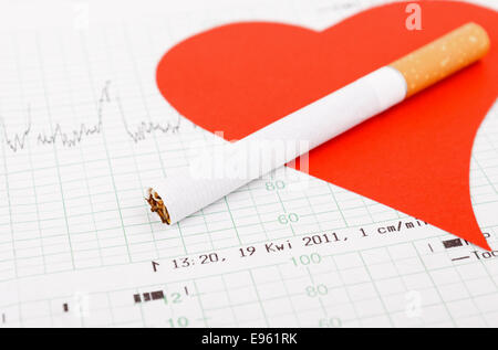 Cuore rosso forma e una sigaretta su un ECG stampata come health care concept Foto Stock