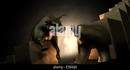 Un abstract closeup di due gold cast statuette raffiguranti un toro stilizzato e un orso in contrasto drammatico che rappresenta la luce Foto Stock