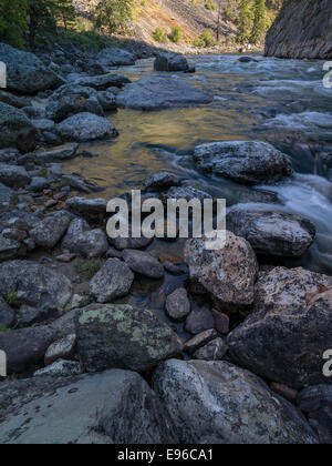 Tumble Creek spinge grandi massi in MF del fiume di salmoni formando Scogliera Rapids. Foto Stock