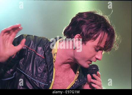 Jarvis Cocker di pasta a 'T nel parco' music festival in Scozia, nel 1996. Foto Stock