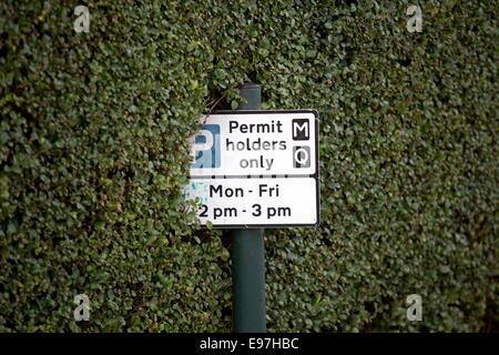 Hedge permesso di parcheggio segno residenti strada Foto Stock