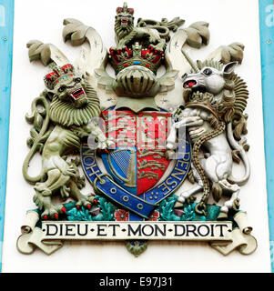 British Royal stemma, Lion e Unicorn, Dieu et Mon Droit, Inghilterra araldica araldica Foto Stock