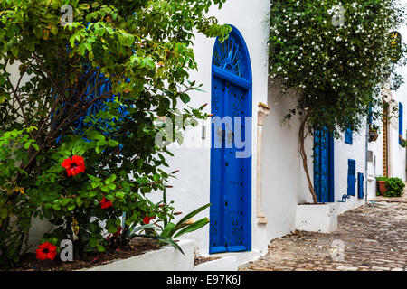 Stretta viuzza acciottolata a Sidi Bou Said, Tunisia. Foto Stock