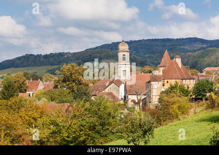 Gli edifici di vecchia costruzione nella storica cittadina di Arbois in autunno conosciuta come la capitale del vino del Giura, Franche-Comte, Francia, Europa Foto Stock