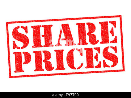 Condividere i prezzi rosso timbro di gomma su uno sfondo bianco. Foto Stock