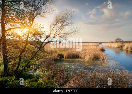 Fiume calmo presso la soleggiata giornata autunnale Foto Stock