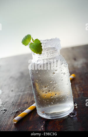 Immagine di un vaso pieno di acqua con un piccolo stabilimento in essa e una cannuccia sul lato. Foto Stock