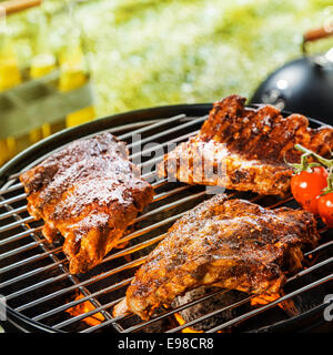 Chiudere fino a tre porzioni di marinato condito costola grigliare su un portatile barbecue durante un picnic estivo o viaggio di campeggio Foto Stock