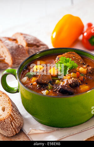 Inverno nutriente casseruola con la carne e le verdure in una ricca salsa con fette di pane Foto Stock