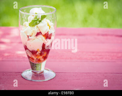 Fragola pavlova dessert servito in un bicchiere alto per un picnic estivo tabella all aperto con fragole fresche, meringue, crema e gelato per una deliziosa parte rinfrescante trattamento Foto Stock