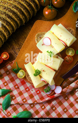 La preparazione di un delizioso sandwich gouda in una cucina di paese su un rosso e bianco panno controllati con laminati ordinatamente le fette di formaggio su pane con rafano e prezzemolo, vista aerea Foto Stock