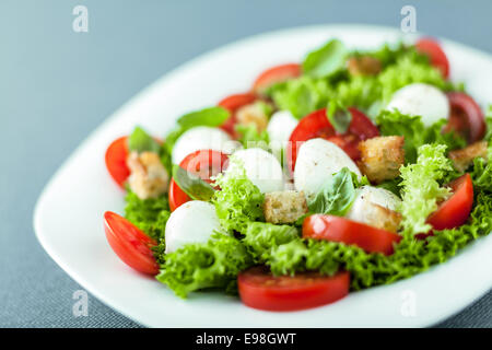 Servire di freschi a foglia di insalata verde con perle di mozzarella, pomodoro e fritto croccante e dorata di crostini, chiudere fino a basso angolo di visione con dof poco profondo Foto Stock