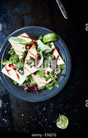 Elevato angolo di visione gustosa fresca insalata verde con melograno e grigliate di Tacos Limone. Isolato su sfondo Vintage. Foto Stock