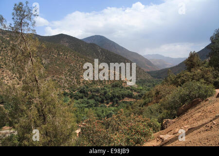 Vista su tutta la valle di Ourika verso l'Alto Atlante in Marocco Foto Stock