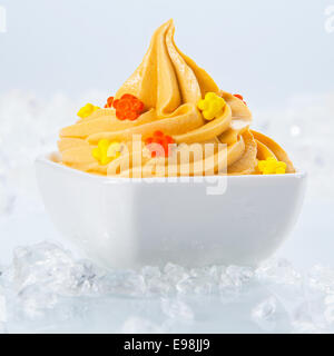 Chiudere fino sano Frozen Yogurt con poco ingredienti sulla ciotola bianco circondato da pezzi di ghiaccio sui lati. Isolato su sfondo bianco. Foto Stock