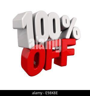 Percentuale completa riduzione automatica. Testo 3d per il 100% di sconto in bianco e rosso angolate obliquamente lontano dalla telecamera isolato su bianco Foto Stock
