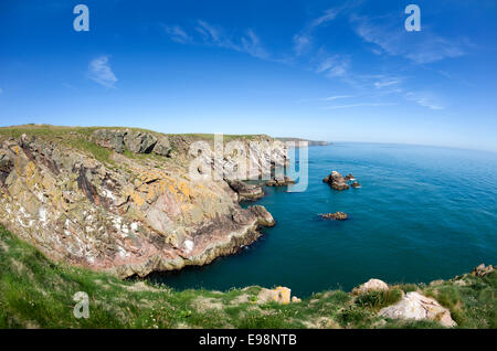 Fish Eye lens vista della costa rocciosa vicino Bullers di Buchan in Aberdeenshire Foto Stock