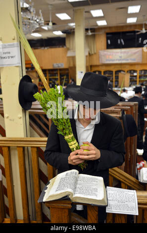 Religiosa ebraica giovane uomo benedizione la esrog e Lulv in una sinagoga di Brooklyn, NY durante la festa ebraica di Sukkot. Foto Stock