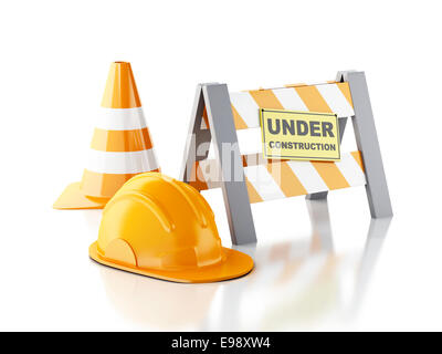 Immagine del traffico coni, casco. Sotto il concetto di costruzione. 3d illustrazione Foto Stock