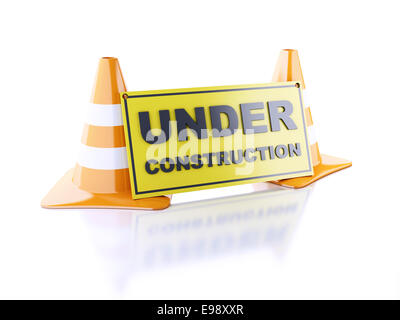 Immagine del traffico coni, casco. Sotto il concetto di costruzione. 3d illustrazione Foto Stock