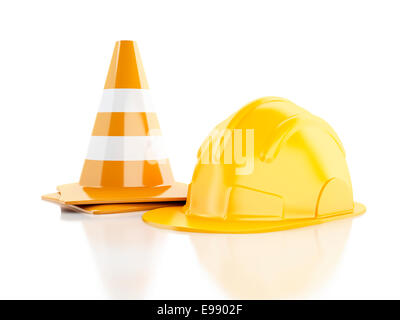 Immagine del traffico coni, casco. Sotto il concetto di costruzione. 3d illustrazione Foto Stock