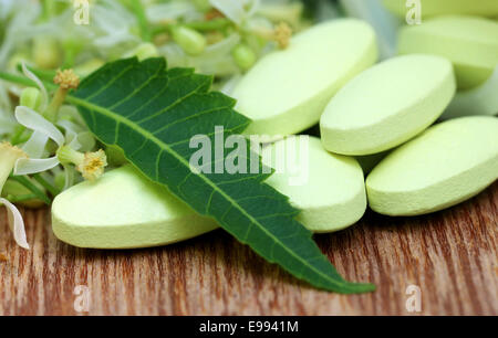 Pillole fatte da medicinali fiore di neem e lascia sulla superficie di legno Foto Stock