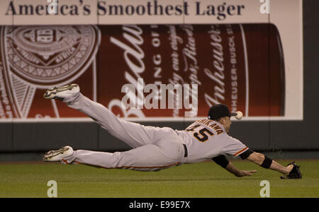 Kansas City, MO, Stati Uniti d'America. 22 ottobre, 2014. San Francisco Giants sinistra fielder Travis Ishikawa (45) immersioni e manca una palla colpita da Royals Lorenzo Caino nel fondo del primo inning di gioco 2 della serie mondiale presso Kauffman Stadium di Kansas City, Mo. Mercoledì, Ottobre 22, 2014. Credito: Jose Luis Villegas/Sacramento Bee/ZUMA Press, Inc/Alamy Live News Foto Stock