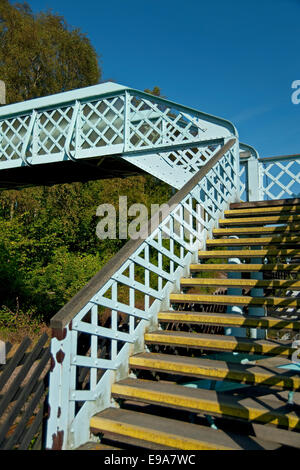 Passerella attraverso una linea ferroviaria che collega le piattaforme al treno di Grosmont Stazione North Yorkshire Moors Railway NYMR Inghilterra Regno Unito Foto Stock