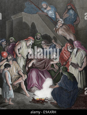 Bibbia illustrata. Il Nuovo Testamento. San Pietro nega Cristo. Disegno di Gustave Dore.del XIX secolo. Incisione. Colore. Foto Stock