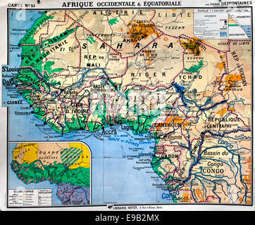 Vecchia scuola parete mondo mappa sahara Africa Niger Congo cartografia francese Foto Stock