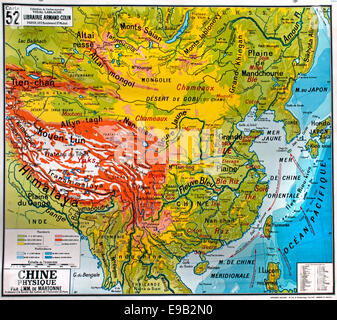 Vecchia scuola parete mondo mappa Cina Himalaya cartografia francese Foto Stock