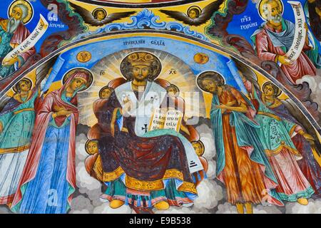 Murales, affreschi, dipinti murali al monastero di Rila a Rila, Bulgaria. Foto Stock