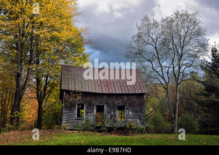 Capanna abbandonata vicino casa Moss Glen Falls Stowe Vermont USA in autunno con giallo foglie di albero Foto Stock