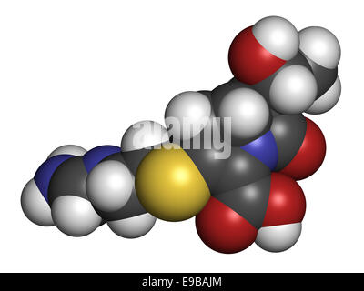 L'imipenem antibiotico molecola di farmaco. Appartiene alla classe di carbapenemici. Gli atomi sono rappresentati come sfere con i tradizionali colori: Foto Stock