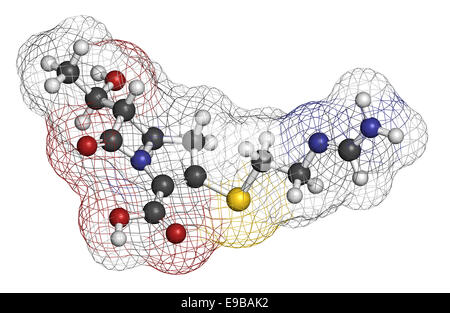 L'imipenem antibiotico molecola di farmaco. Appartiene alla classe di carbapenemici. Gli atomi sono rappresentati come sfere con i tradizionali colori: Foto Stock