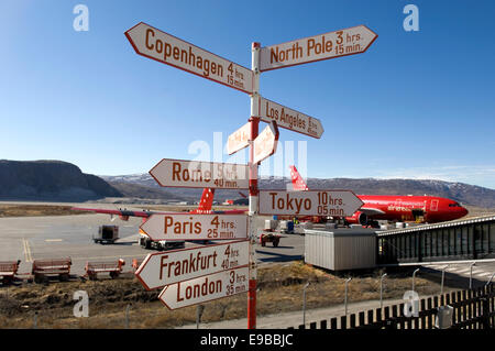 Distanza segni a Kangerlussuaq Airport in Groenlandia Foto Stock